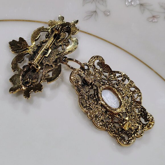 Vintage Ornate Victorian Style Bar & Dangle Faux Pearl Brooch Pin - Picture 5 of 6